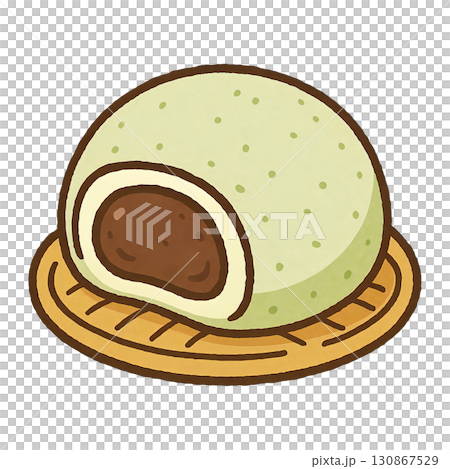 よもぎ大福を皿にのせた手描き切り抜きイラスト 130867529