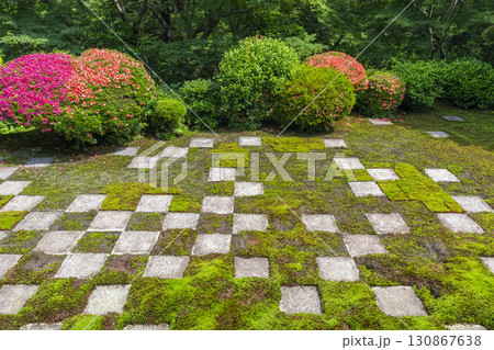 東福寺本坊庭園　北庭　小市松模様の庭園とサツキの花 130867638