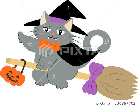 ハロウィン ほうきに乗って飛ぶ魔女猫 ハロウィン ほうきに乗って飛ぶ魔女猫 130867702
