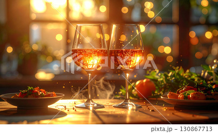 夕暮れのロマンチックなディナーとスパークリングワイン 130867713