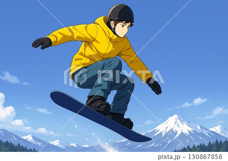 雪山を背景にジャンプするスノーボーダー 130867858
