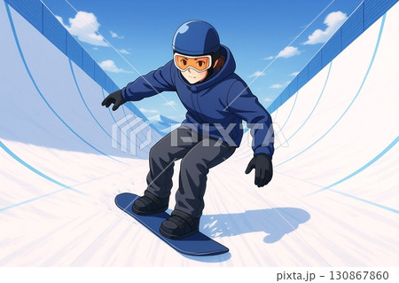 ハーフパイプを滑る男性スノーボーダー 130867860
