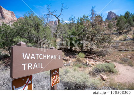 Trailhead sign to Watchman Trail in Zion National Park, Utah. 130868360