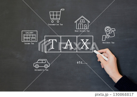 様々な税金のイメージを黒板に描く人物の手 様々な税金のイメージを黒板に描く人物の手 130868817
