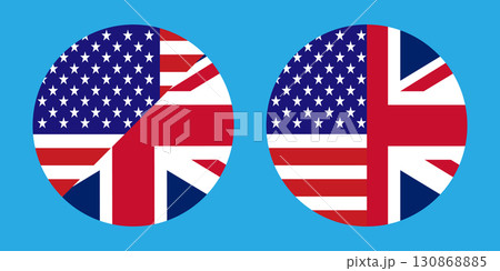 Round Icon American and British Flags Intertwined, Representing Cultural Exchange. 130868885