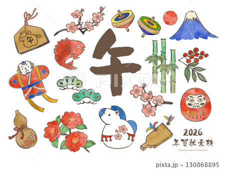 午年の手書きのお正月線画のイラストセット 130868895