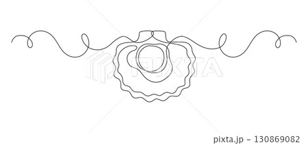 Scallop in shell, drawn with continuous line in minimalism, abstract, seafood, delicacy, one line, editable vector contour 130869082