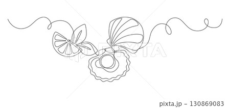 Scallop in shell with slice of lemon and leaves, drawn with continuous line in minimalism, abstract, seafood, delicacy, one line, editable vector contour 130869083