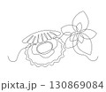 Scallop in a shell with mint leaves, drawn with continuous line in minimalism, abstract, seafood, one line, editable vector contour 130869084