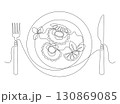 Dish with scallops in shell with slice of lemon and mint leaves, drawn with continuous line in minimalism, abstract, seafood, delicacy, plate, fork, knife, one line, editable vector contour 130869085
