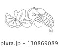 Shrimp with slice of lemon and leaves, drawn with continuous line in minimalism, abstract, krill, seafood, delicacy, one line, editable vector contour 130869089