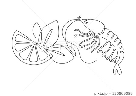 Shrimp with slice of lemon and leaves, drawn with continuous line in minimalism, abstract, krill, seafood, delicacy, one line, editable vector contour 130869089