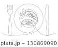 Dish with shrimp and mint leaves, drawn with continuous line in minimalism, abstract, seafood, delicacy, plate, fork, knife, one line, editable vector contour 130869090