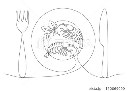 Dish with shrimp and mint leaves, drawn with continuous line in minimalism, abstract, seafood, delicacy, plate, fork, knife, one line, editable vector contour 130869090