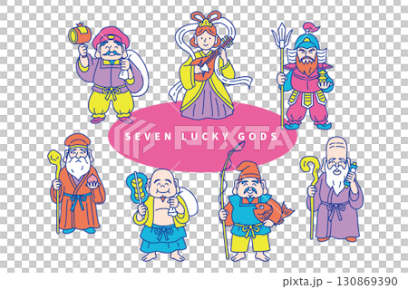 Colorful and pop cute line drawing vector illustration set of the Seven Lucky Gods 130869390