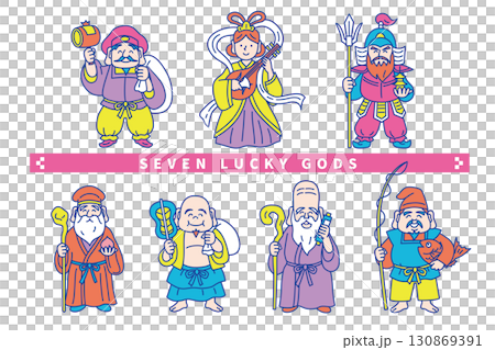 色彩繽紛、流行可愛的線條畫向量插圖集七福神 130869391