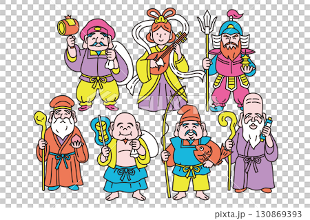 カラフルでポップなかわいい七福神の線画ベクターイラストセット 130869393