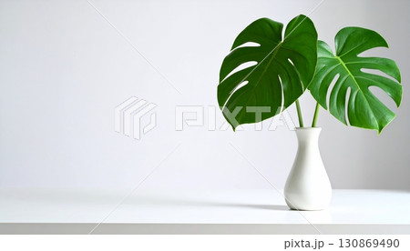 Green sprout with leaves growing in a white vase, a symbol of life and nature 130869490