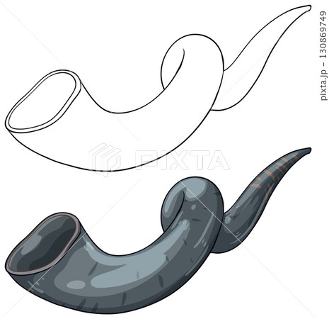 Traditional Shofar Horn Vector Illustration with Outline and Color 130869749