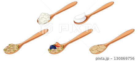 Wooden Spoons with Various Breakfast Foods Illustration 130869756