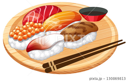 Assorted Nigiri Sushi on Wooden Platter with Chopsticks 130869813