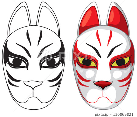 Japanese Fox Mask Vector Illustration with Color and Outline Versions Japanese Fox Mask Vector Illustration with Color and Outline Versions 130869821