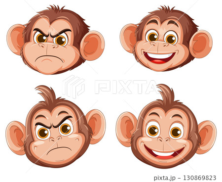 Cartoon Monkey Faces Expressing Four Different Emotions 130869823