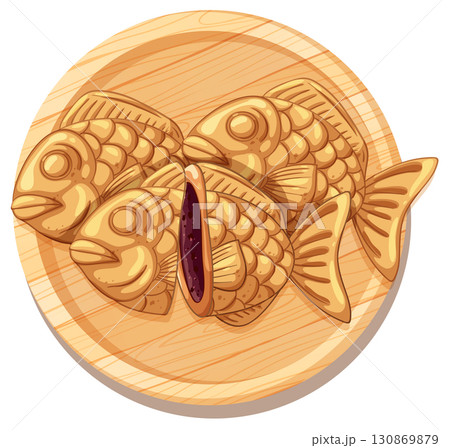 Fish Shaped Red Bean Pastries on Wooden Plate 130869879