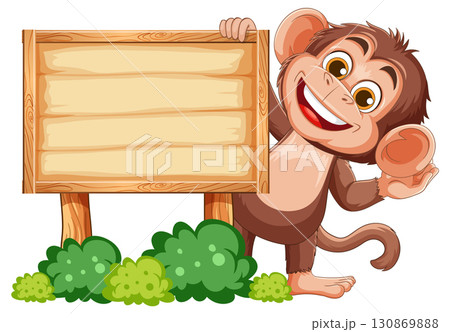 Smiling Cartoon Monkey Holding Blank Wooden Sign Smiling Cartoon Monkey Holding Blank Wooden Sign 130869888