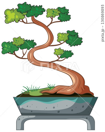 Curved Bonsai Tree in Decorative Pot Vector Illustration 130869893