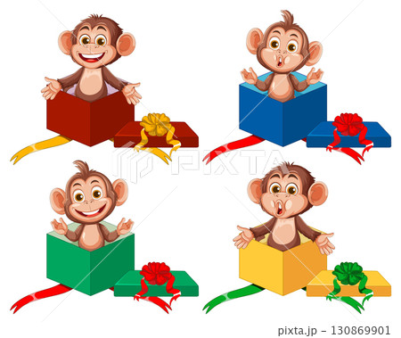 Cartoon Monkeys Popping Out of Colorful Gift Boxes Cartoon Monkeys Popping Out of Colorful Gift Boxes 130869901
