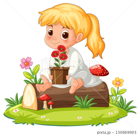 Blonde Girl Sitting on Log Holding Flower Pot 130869903