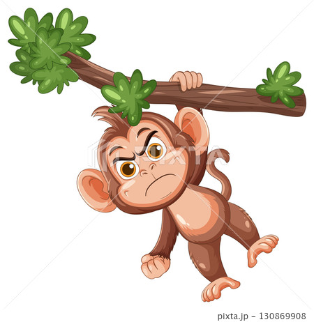 Angry Cartoon Monkey Hanging From Tree Branch 130869908