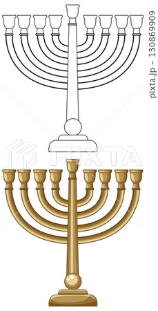 Gold Menorah Vector Illustration with Outline and Colored Versions 130869909