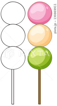 Japanese Dango Skewers Vector Illustration with Color and Outline 130869911