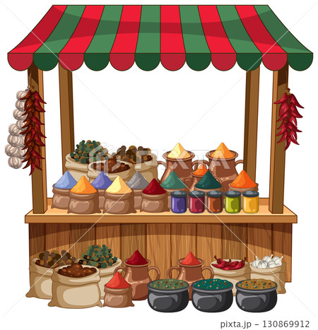 Traditional Middle Eastern Spice Market Stall Illustration 130869912