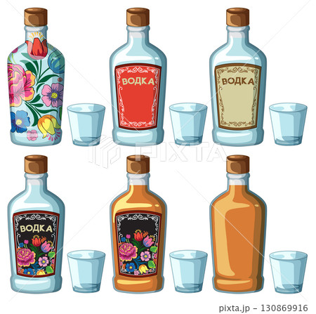 Six Decorative Vodka Bottles with Shot Glasses Vector Set Six Decorative Vodka Bottles with Shot Glasses Vector Set 130869916