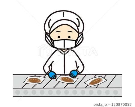 パン工場のラインで検品作業をする人物 130870053