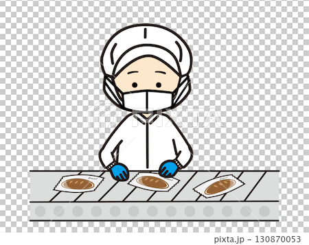 パン工場のラインで検品作業をする人物 130870053