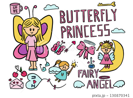 Cute hand drawn vector illustration of butterfly princess, girl, pink ribbon, fairy angel, moon, cherry, love letter, butterfly, cloud for cartoon character, comic, mascot, sticker, patch, brooch Cute hand drawn vector illustration of butterfly princess, girl, pink ribbon, fairy angel, moon, cherry, love letter, butterfly, cloud for cartoon character, comic, mascot, sticker, patch, brooch 130870341
