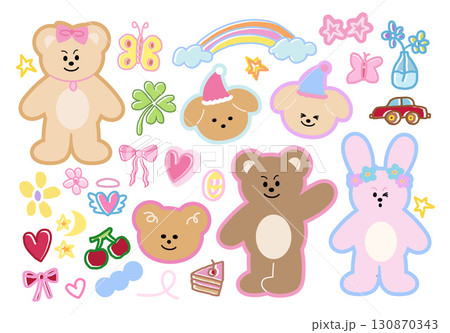 Cute vector illustration of puppy, teddy bear, bunny for animal, pet shop, vet, zoo, souvenir, standee, easter, cartoon character, comic, mascot, plush toy, kid doll, pet costume, mood, expression 130870343