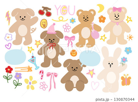 Cute vector illustration of puppy and teddy bear for animal, pet shop, vet, zoo, souvenir, standee, cartoon character, comic, mascot, plush toy, kid doll, pet costume, accessory, mood, expression 130870344