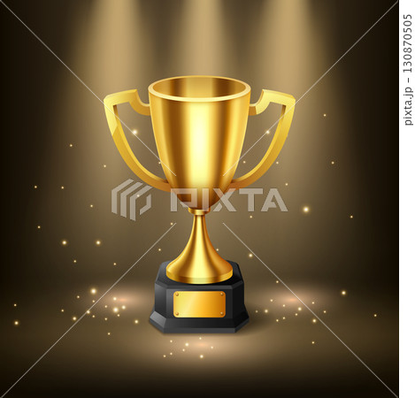 Realistic Golden Trophy with Text Space and Illuminated Spotlights, Vector Illustration 130870505