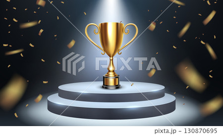 Shiny Golden Trophy on White Podium Illuminated By Spotlights with Golden Confetti Falls, Victory Celebration, Vector Illustration 130870695