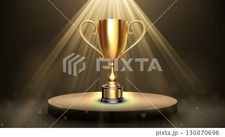 Shiny Golden Trophy on Luxury Podium Illuminated By Spotlights, Victory Celebration, Vector Illustration Shiny Golden Trophy on Luxury Podium Illuminated By Spotlights, Victory Celebration, Vector Illustration 130870696