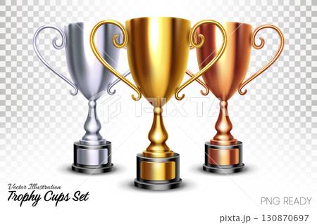 Realistic Shiny Golden, Silver and Bronze Trophies Isolated on Transparent Background, Vector Illustration 130870697
