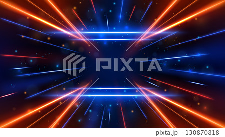 Perspective Glowing Blue and Orange Light Lines with Speed Motion Blur Effect on Dark Background, Vector Illustration Perspective Glowing Blue and Orange Light Lines with Speed Motion Blur Effect on Dark Background, Vector Illustration 130870818