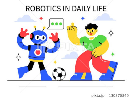 Robotics in Daily Life Vector Illustration featuring Robots and Automated Systems Assisting Human Activities with Remote Control and Automation 130870849