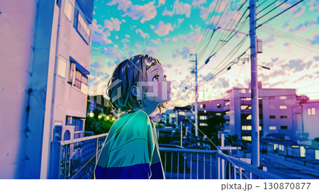 夕焼けの空を見上げる女性 130870877