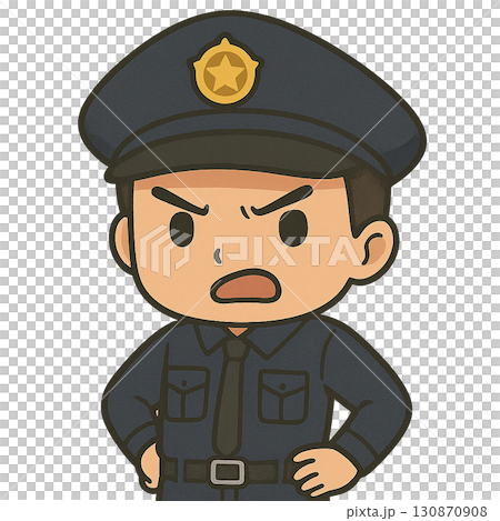 A male police officer in uniform (upper body) appears angry with his hands on his hips 130870908
